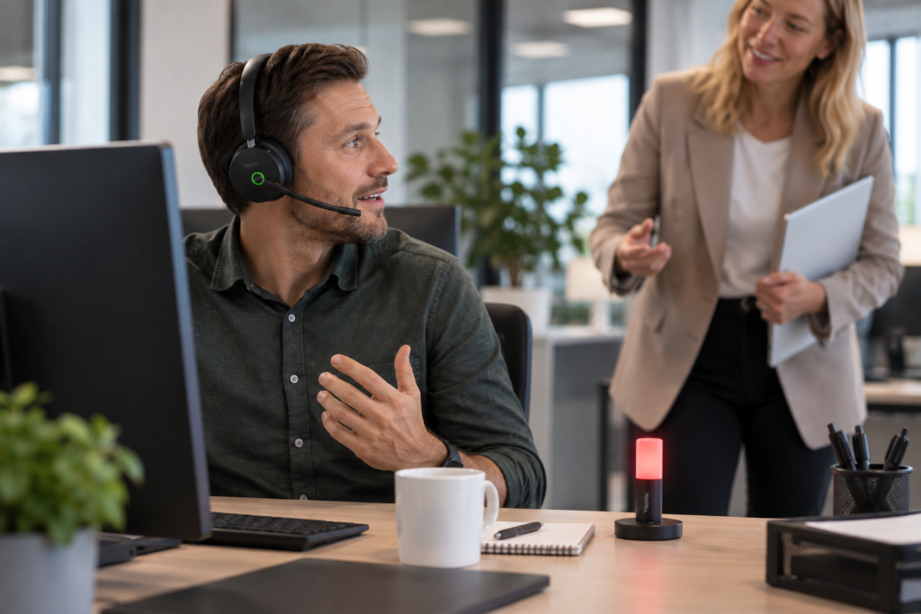 Upptagetlampa för headset visar kollegor när du sitter i telefonsamtal