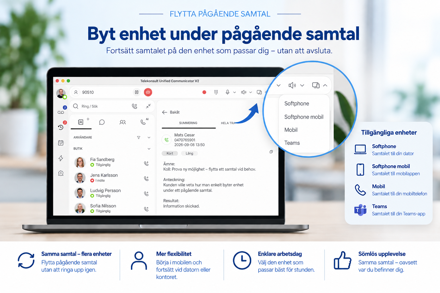 Flytta pågående samtal mellan mobil, dator, softphone och Teams