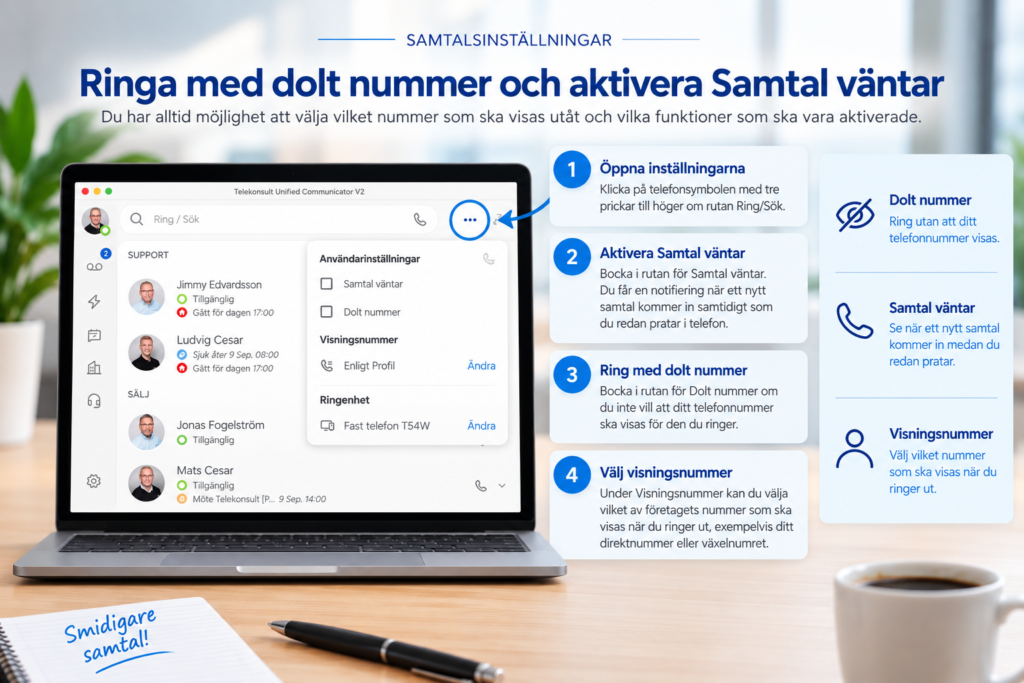 Ringa med dolt nummer och aktivera Samtal väntar i datorappen