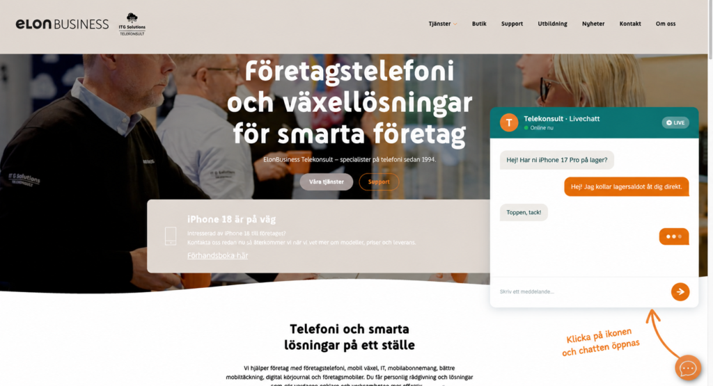 Exempel på livechatt på en företagshemsida