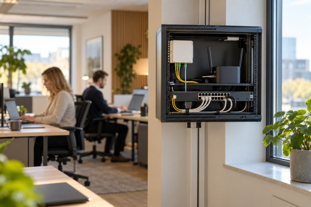 Nätverksskåp med fiberanslutning och mobil router på ett kontor