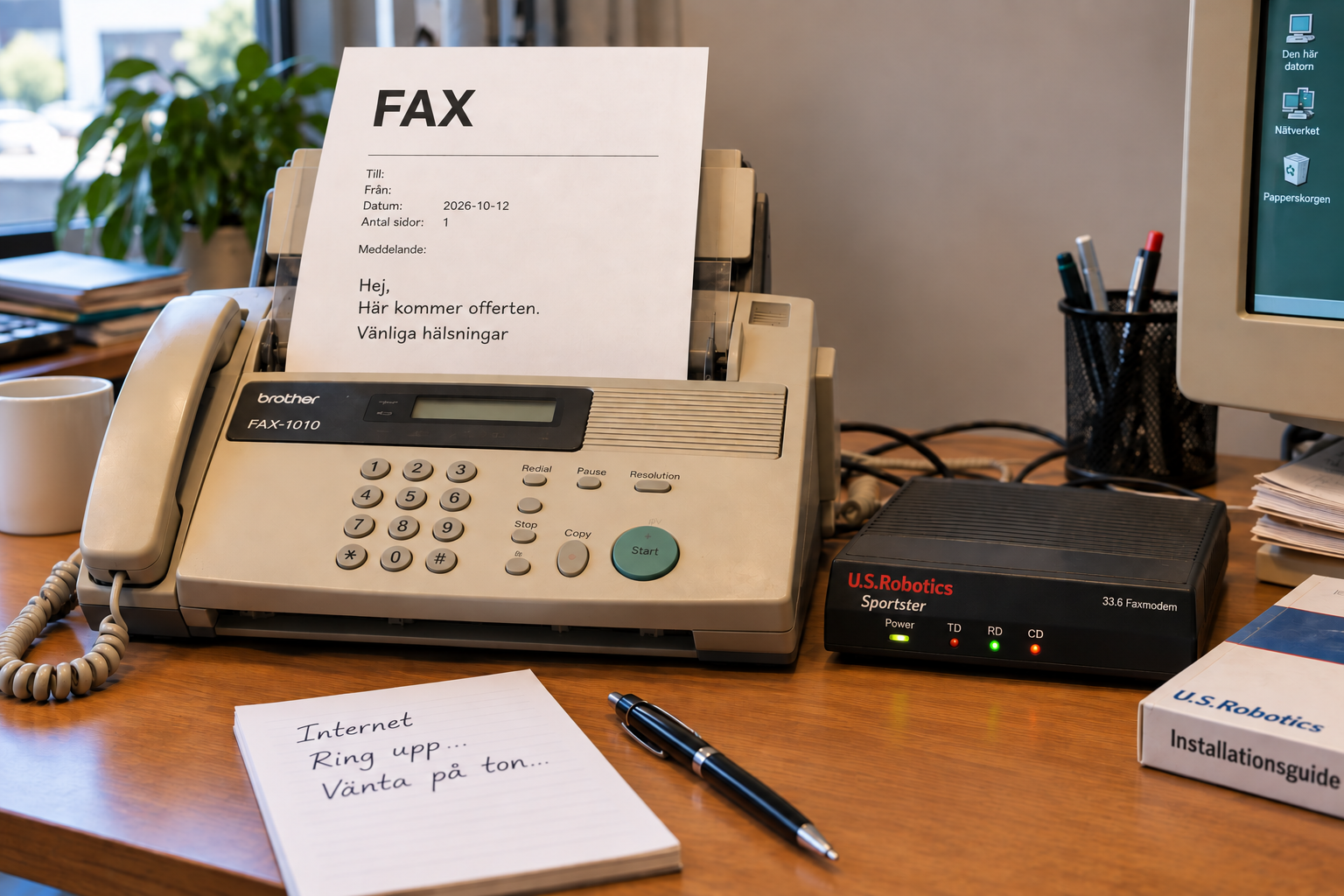 Äldre fax och modem som exempel på utrustning som kan behöva fungera tillsammans med modern telefoni