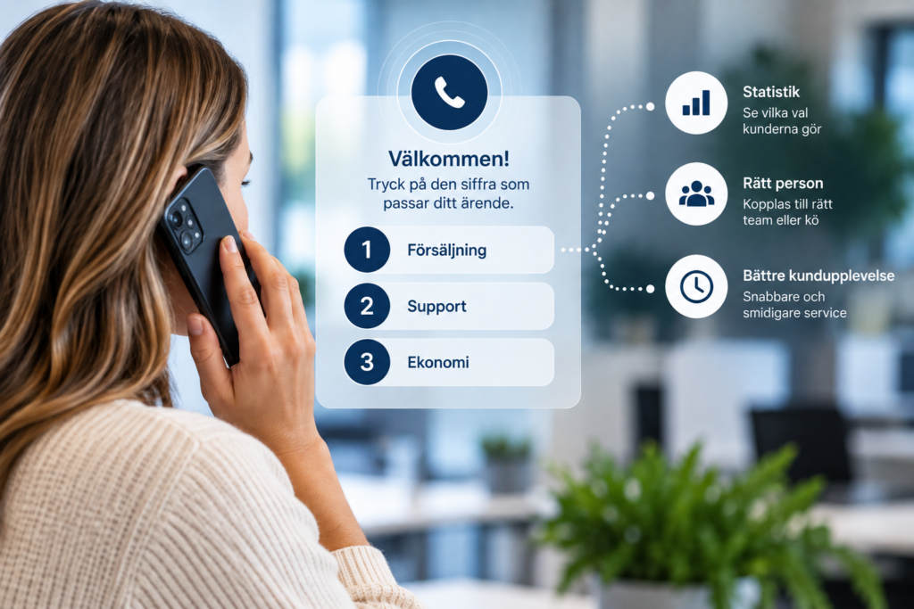 Automatisk telefonist med knappval för försäljning, support och ekonomi