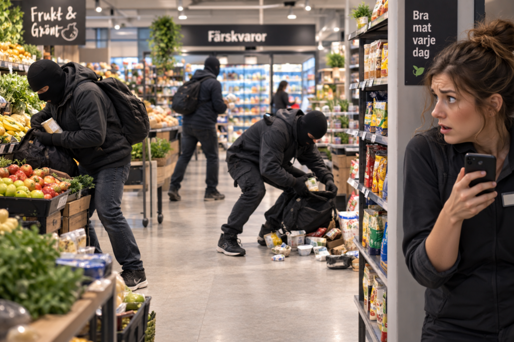Butikspersonal uppmärksammar bus i butiken med hjälp av mobilen