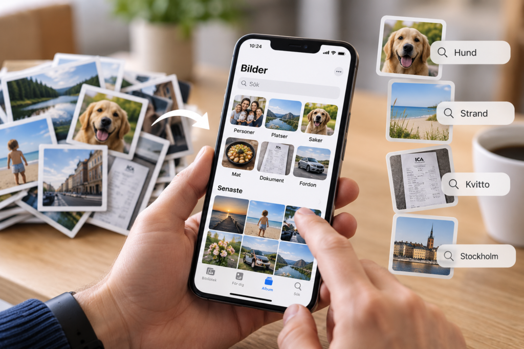 Alt-text: Sök och organisera bilder i mobilen med smarta sökfunktioner och album