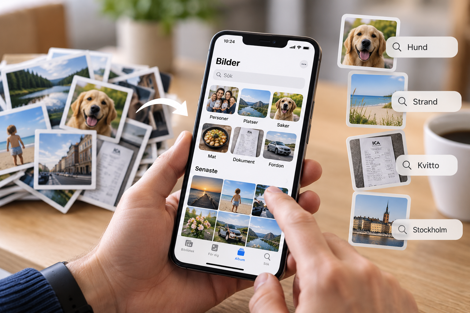 Alt-text: Sök och organisera bilder i mobilen med smarta sökfunktioner och album