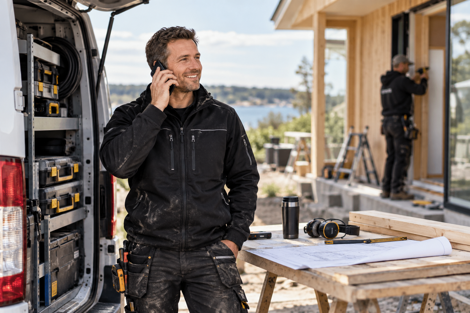 Hantverkare pratar med kund i mobilen ute på arbete med servicebil och kollega i bakgrunden