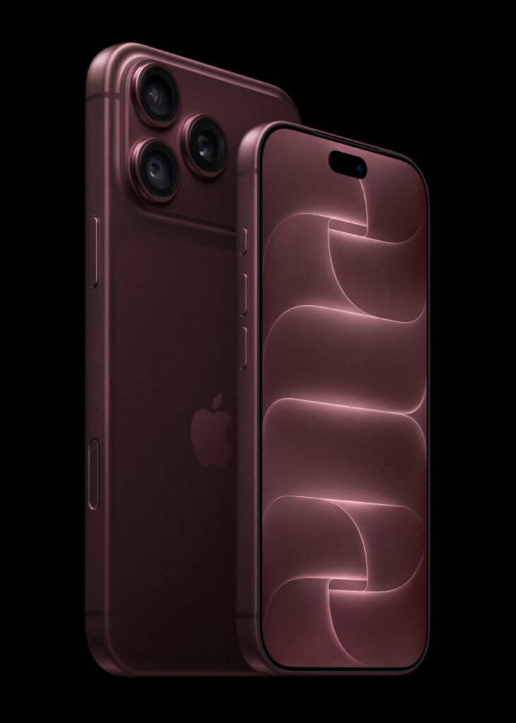 iPhone 18 Pro i färgen burgundy framifrån och bakifrån