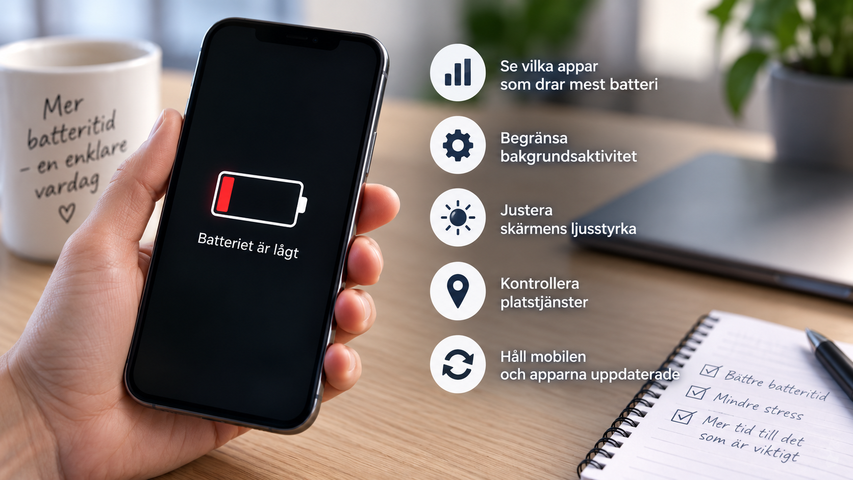 Mobil med låg batterinivå och tips för bättre batteritid.