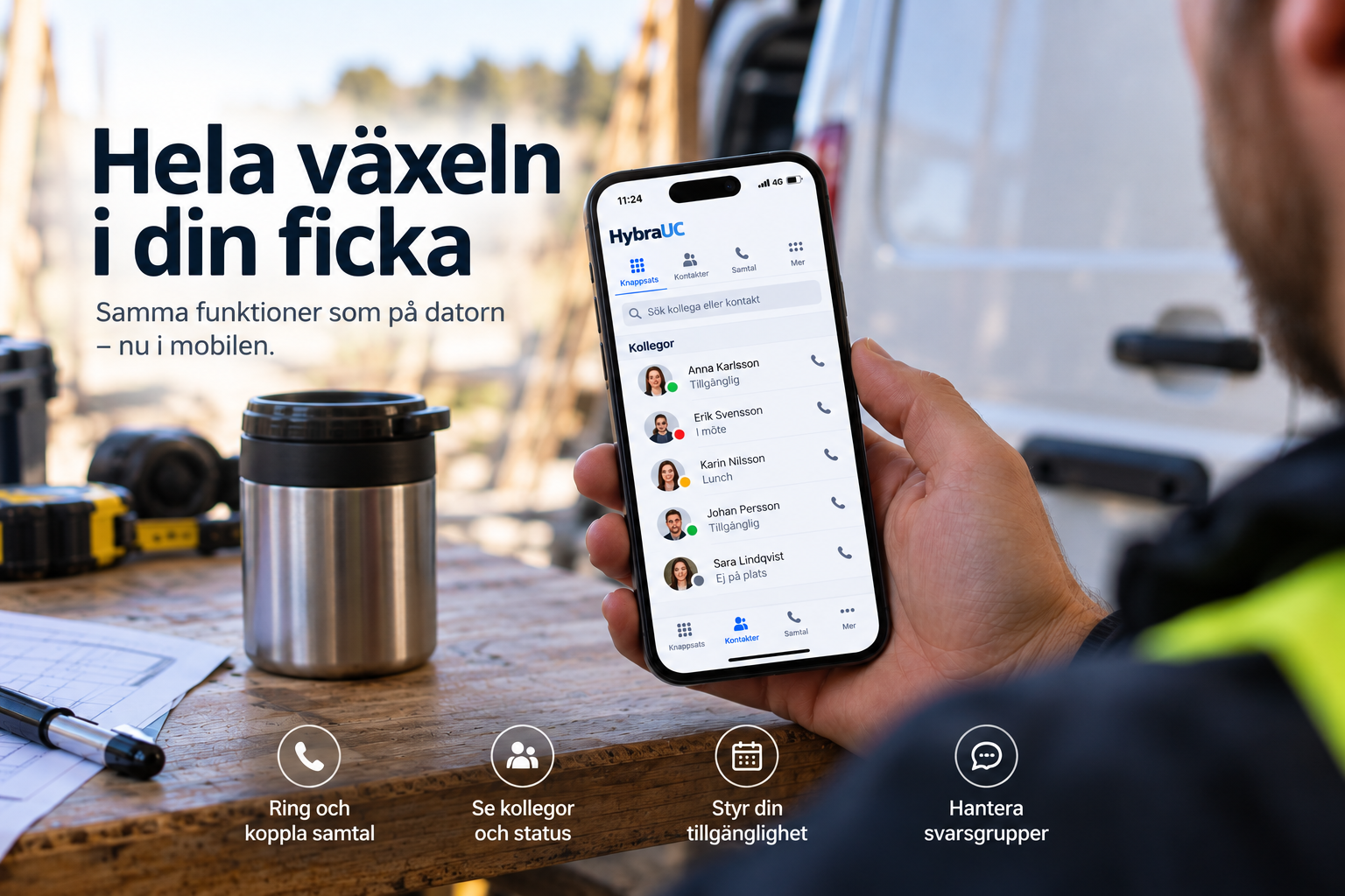 Mobilapp för mobilväxel där användaren ser kollegors status och hanterar företagets telefoni direkt i mobilen
