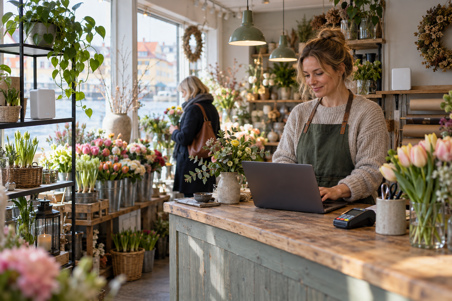 Butiksägare arbetar vid datorn i en liten blomsterbutik med mobil router