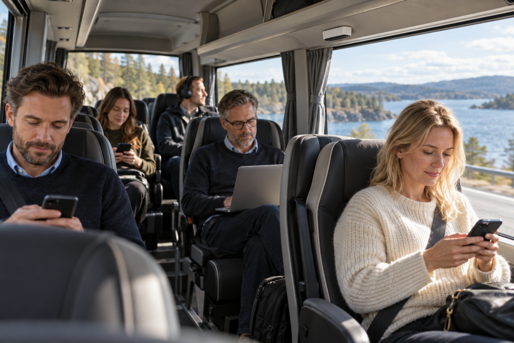 Passagerare använder mobiler och dator under en bussresa