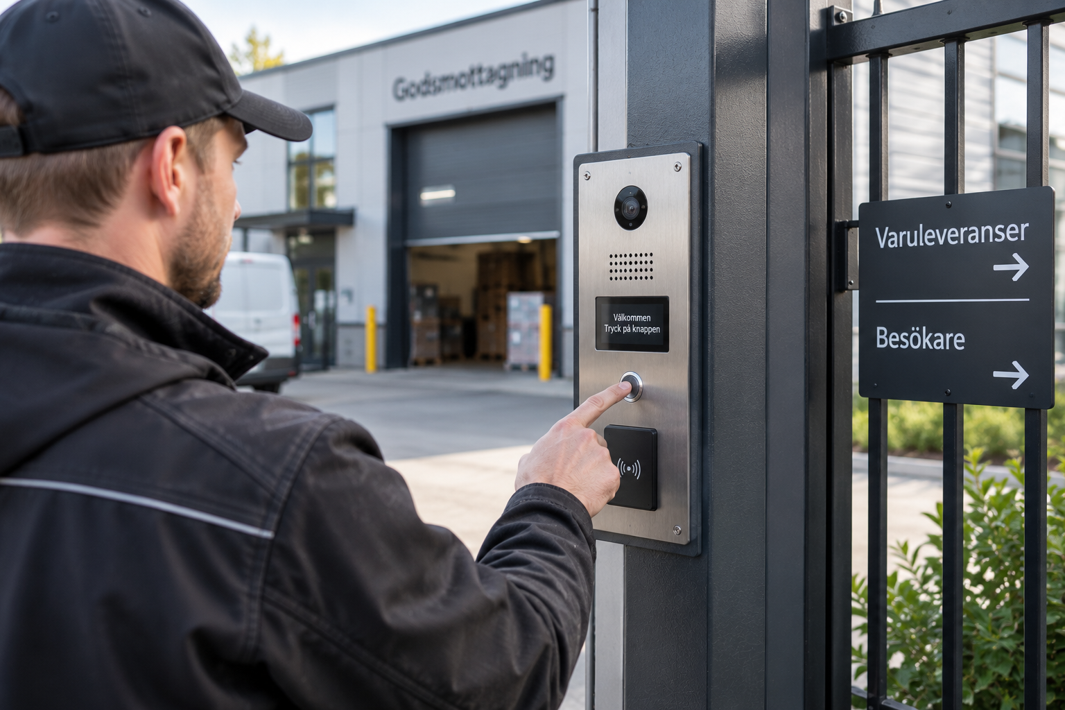 Paketleverantör använder porttelefon vid företagets entré och godsmottagning