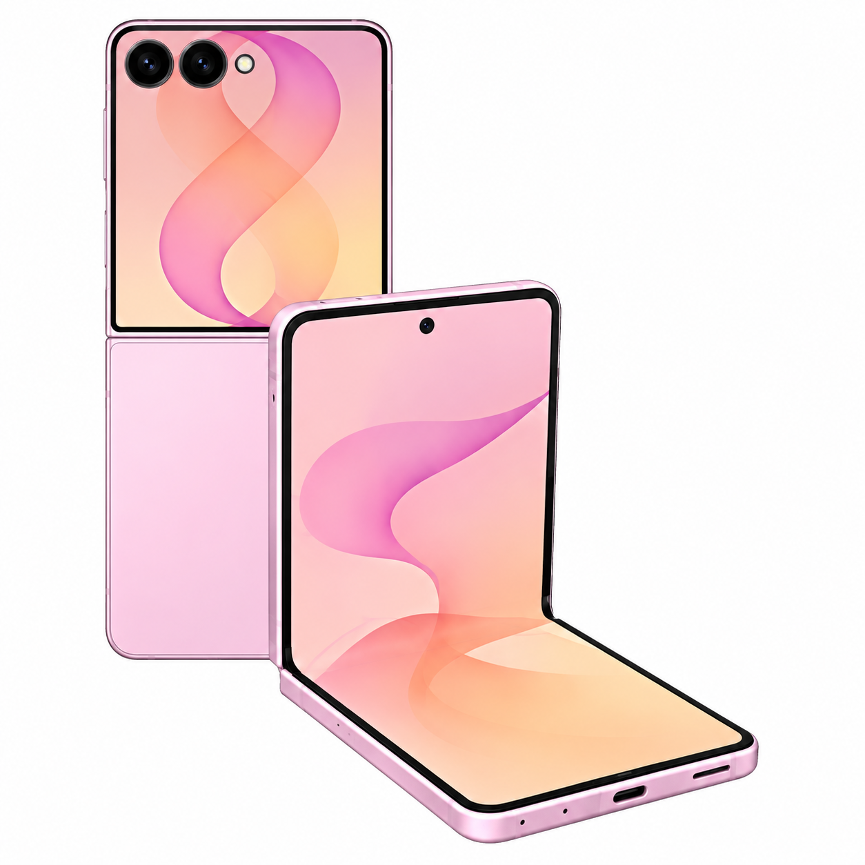 Rosa Samsung Galaxy Z Flip8 med yttre skärm och delvis uppfälld inre skärm