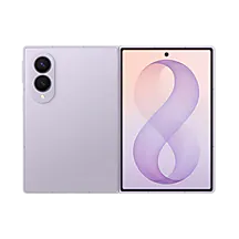 Samsung Galaxy Z Fold8 i lavendel, sedd framifrån och bakifrån