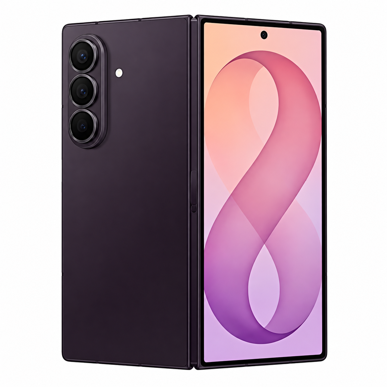 Samsung Galaxy Z Fold8 Ultra i mörkviolett, sedd framifrån och bakifrån