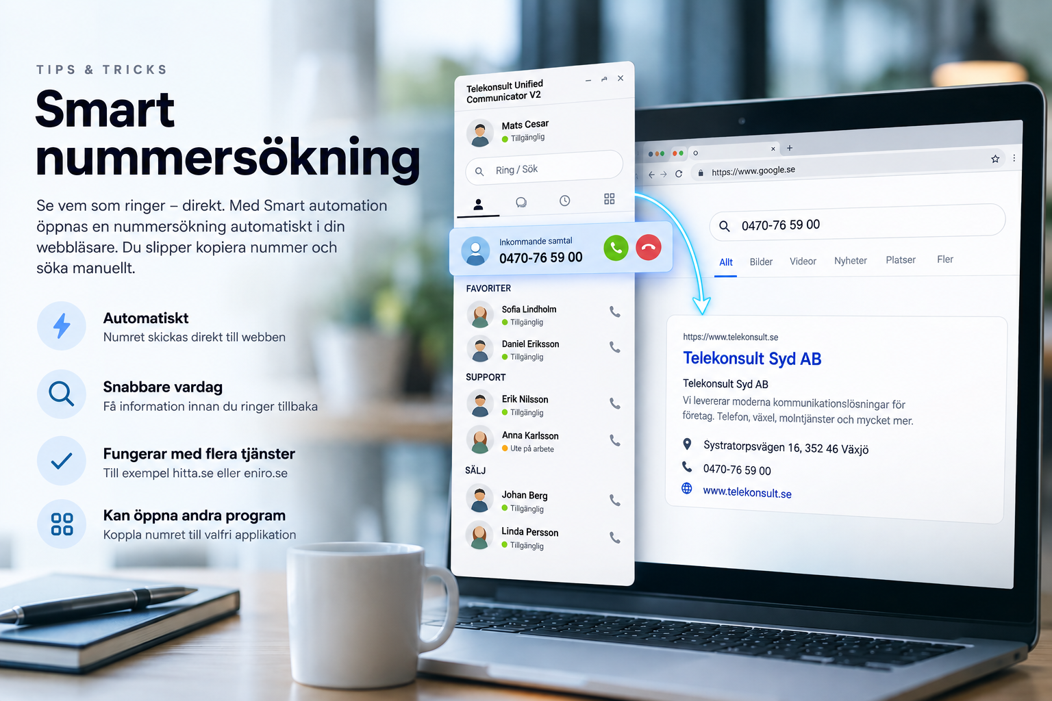 Smart nummersökning i mobilväxeln som automatiskt söker information om inkommande telefonnummer