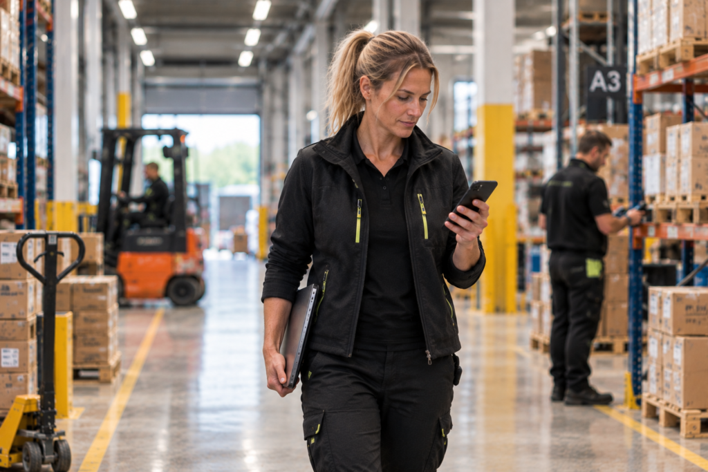 Medarbetare använder mobiltelefon på lager där företagstelefonin följer med inom lokalerna