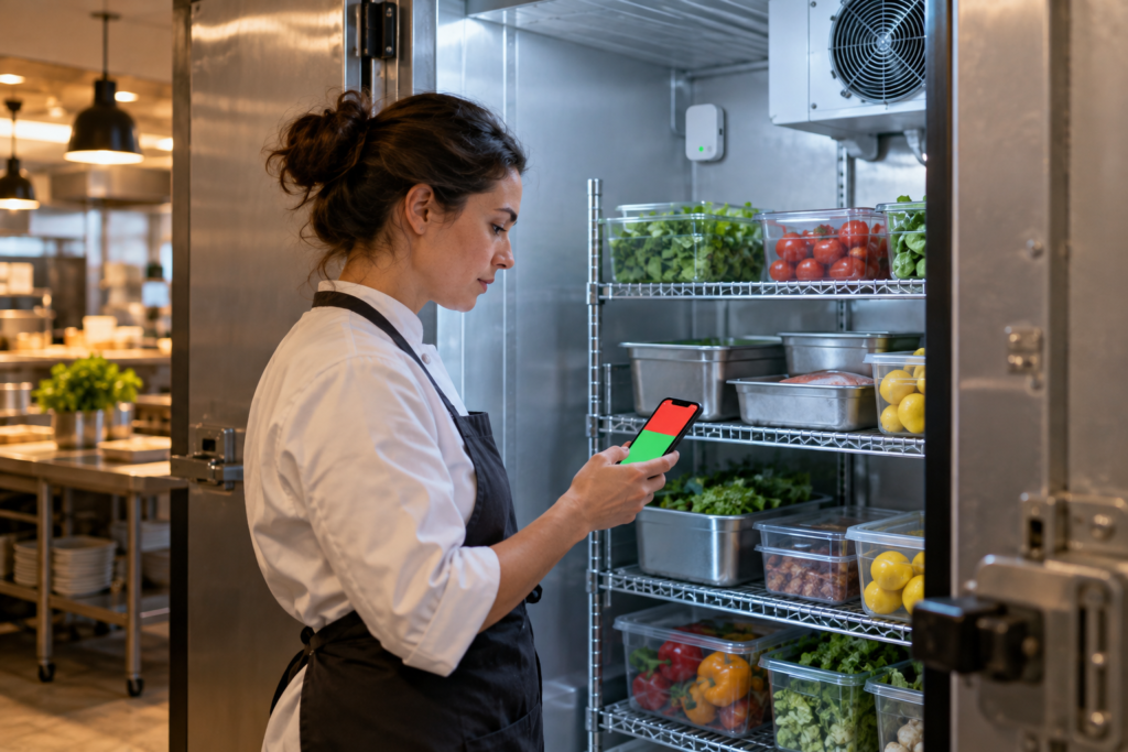 Restaurangmedarbetare kontrollerar temperaturövervakning vid ett kylrum