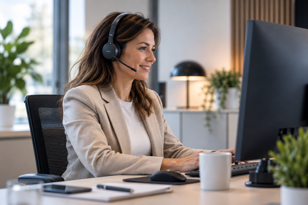 Yealink WH68 headset vid skrivbord på kontoret