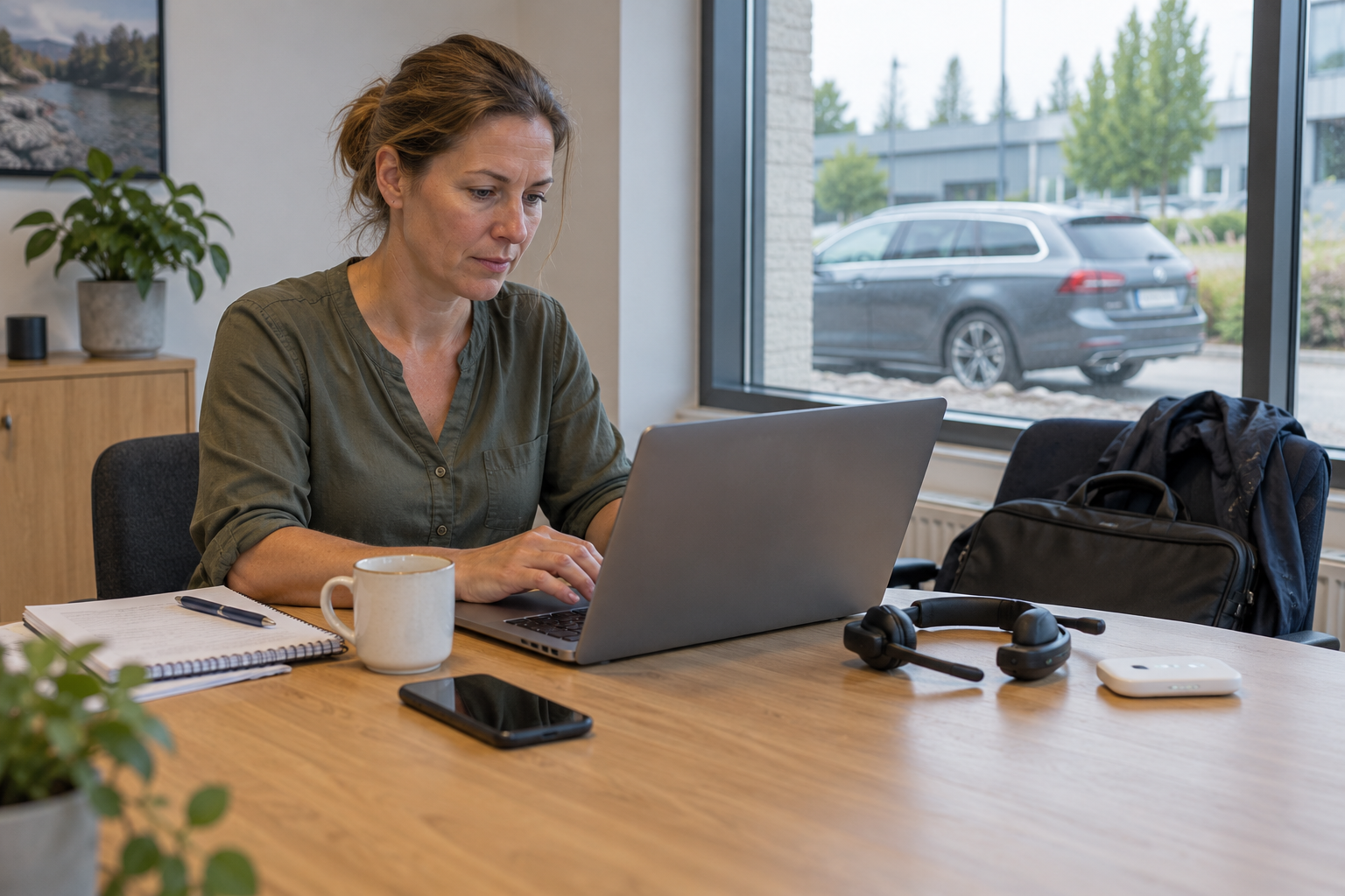 Säljare arbetar vid en laptop med mobil, headset och mobil router på bordet.