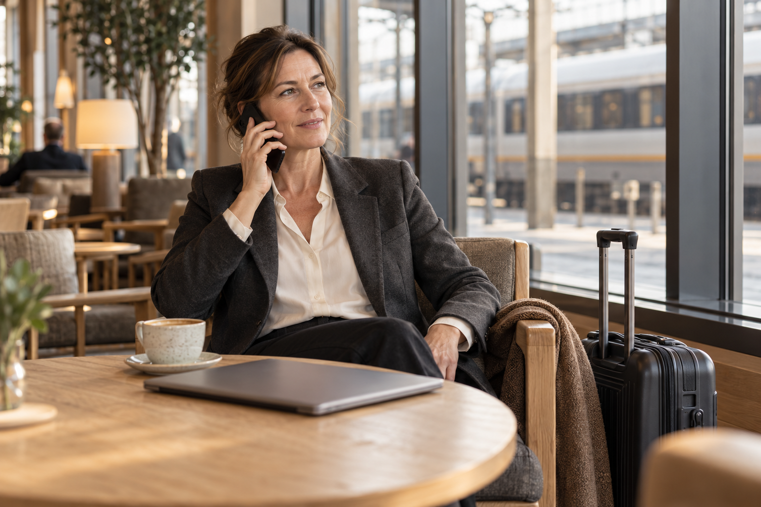 Affärsresenär pratar i mobilen i en stationslounge med resväska bredvid sig.