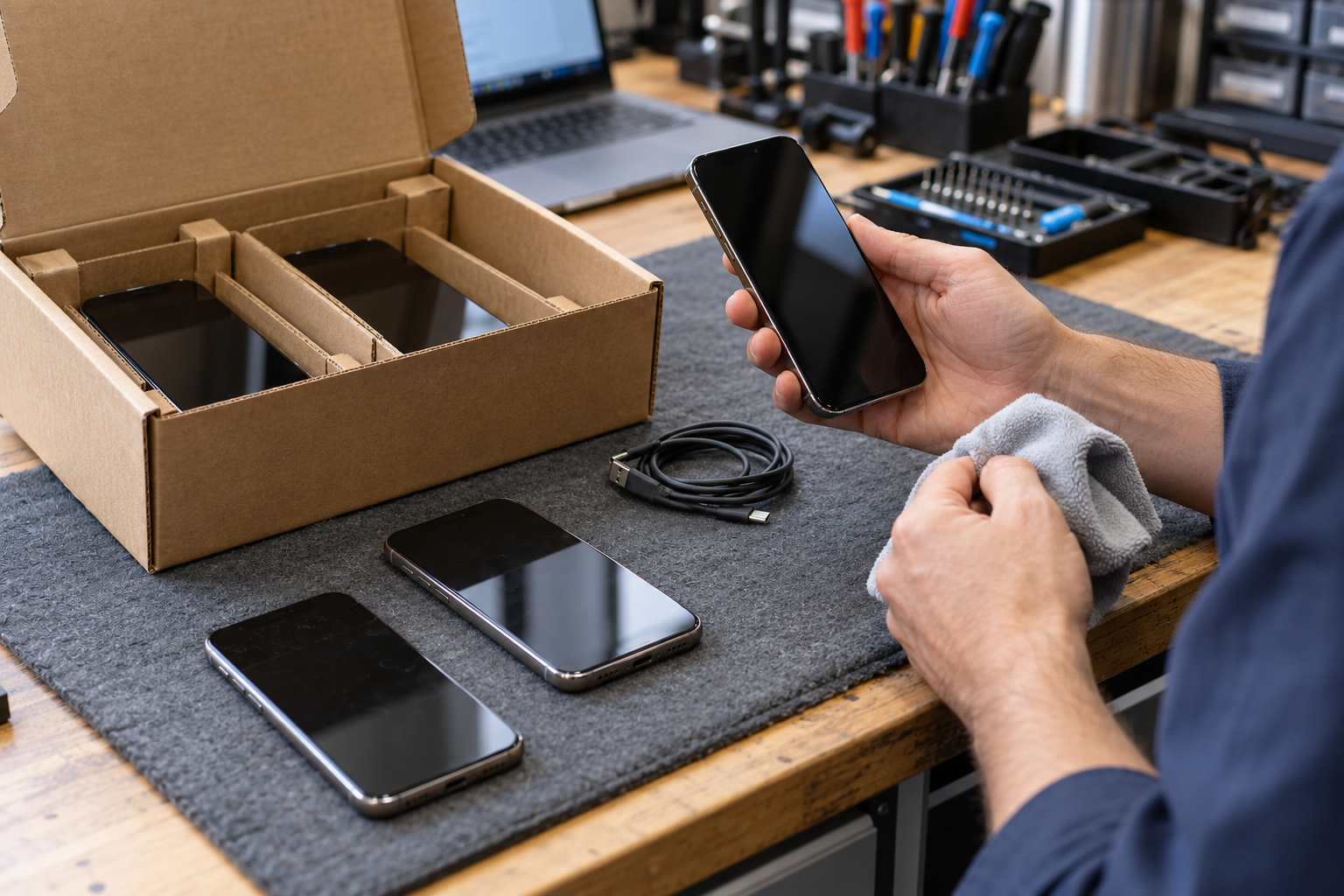 Tekniker kontrollerar begagnade mobiltelefoner vid en arbetsbänk med returförpackning.
