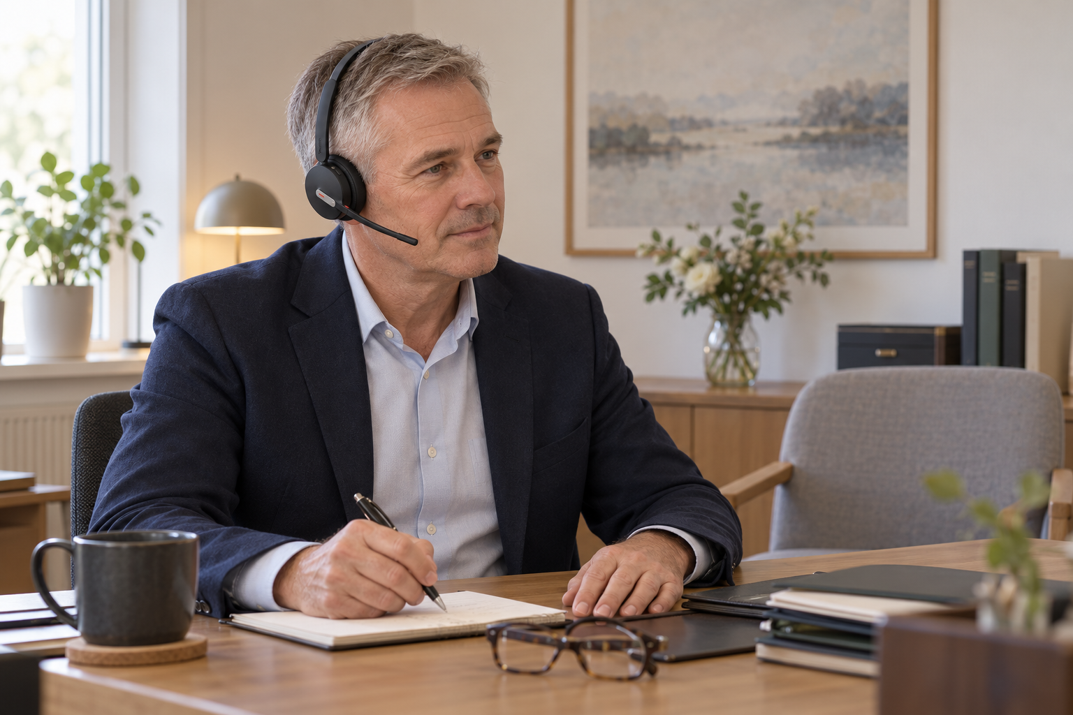 Begravningsrådgivare med trådlöst headset lyssnar och antecknar under ett kundsamtal.