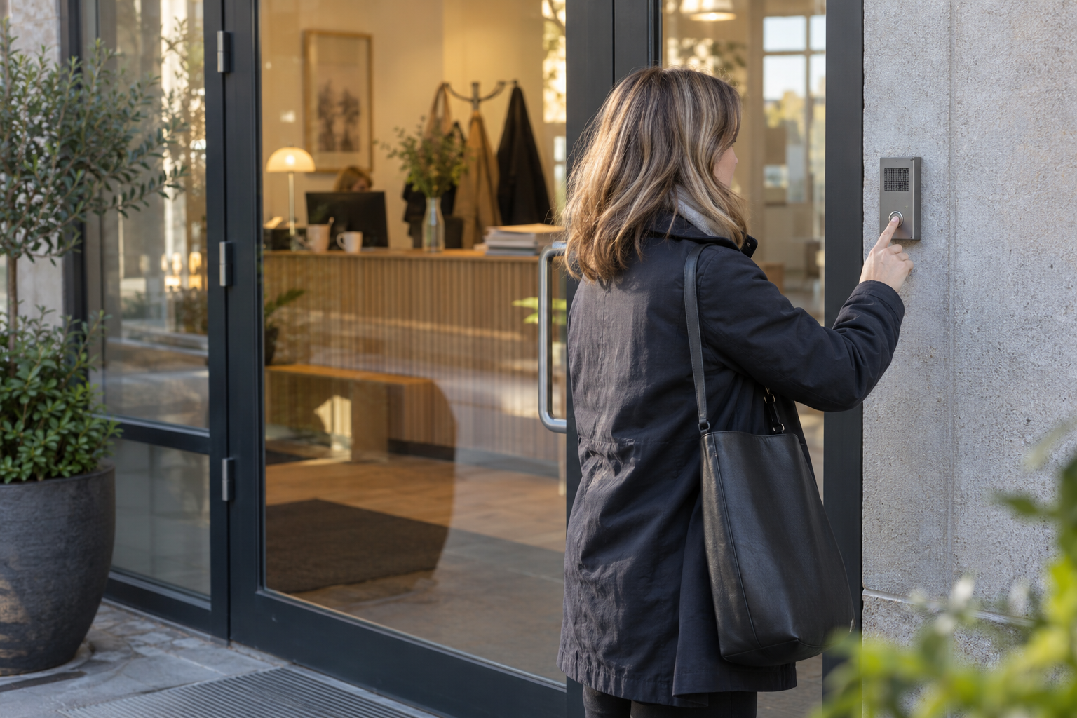 Besökare använder porttelefonen vid entrén till ett mindre mäklarkontor.
