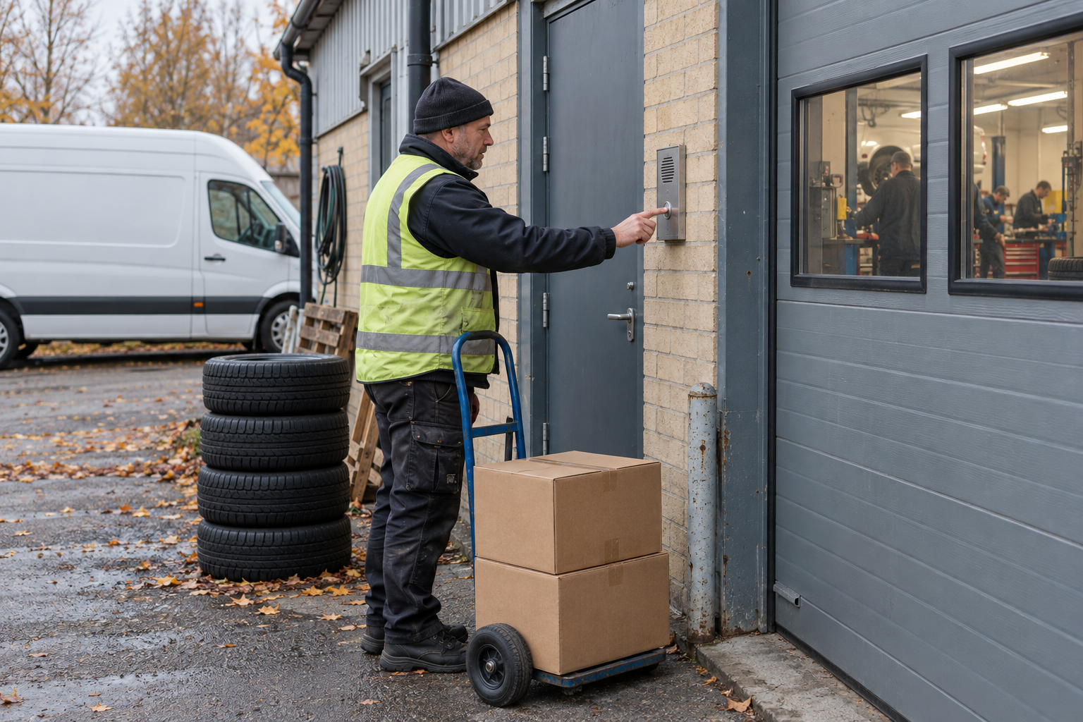 Chaufför använder porttelefonen vid en bilverkstad med paket på en säckkärra och däck bredvid.