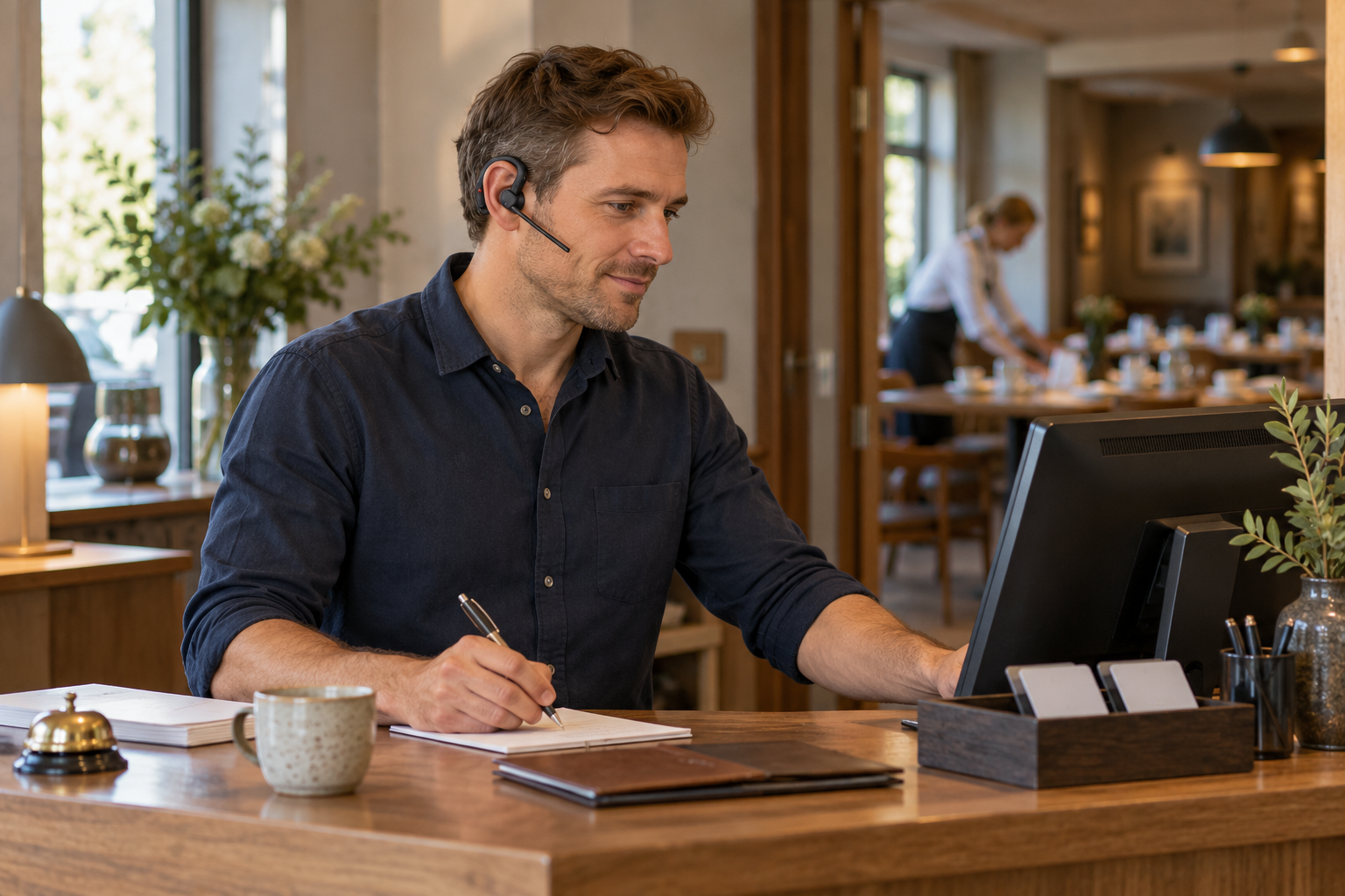 Hotellreceptionist med ett diskret trådlöst headset antecknar under ett bokningssamtal.