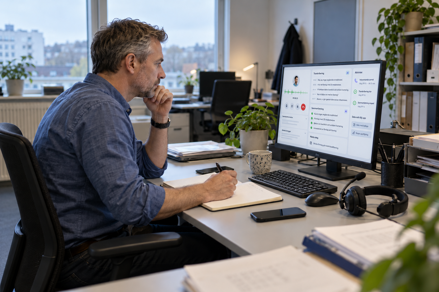 Medarbetare granskar transkribering och sammanfattning av ett kundsamtal på datorn.