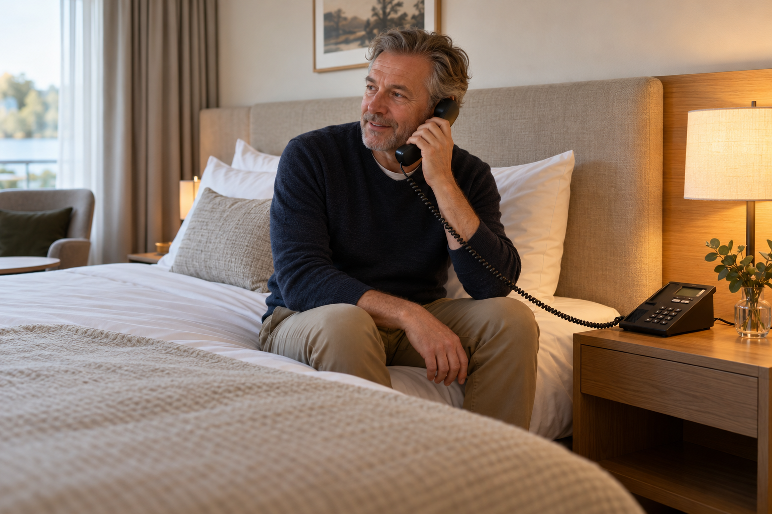 Hotellgäst sitter på sängkanten och talar i rummets fasta telefon.