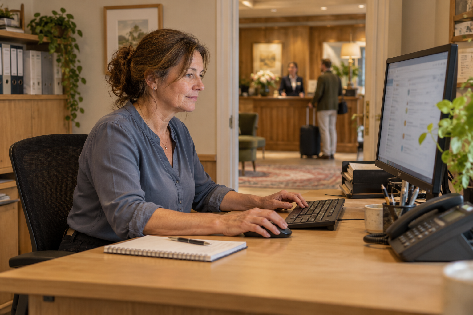 Hotellmedarbetare arbetar vid datorn med receptionen synlig i bakgrunden.