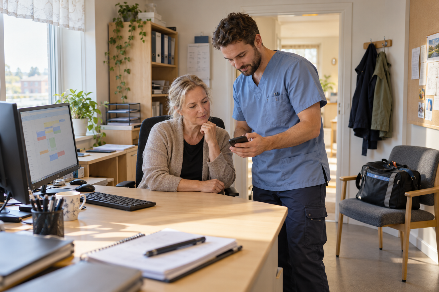Samordnare och hemtjänstmedarbetare tittar på en mobiltelefon vid skrivbordet.