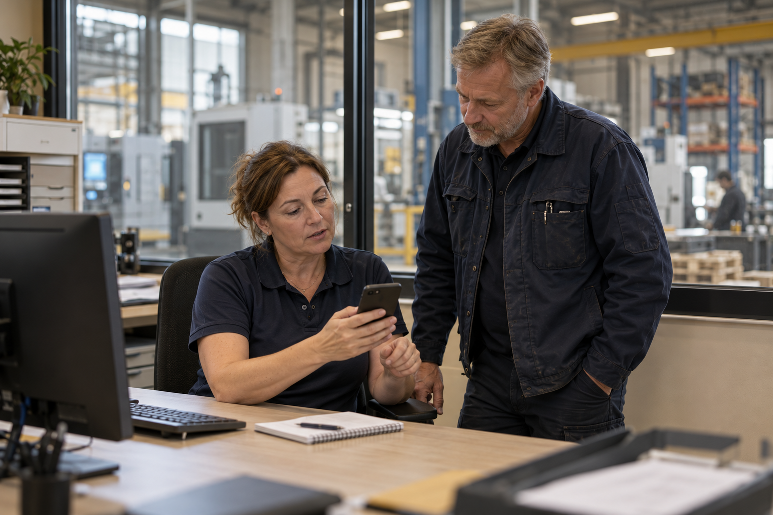 Två kollegor tittar tillsammans på en mobiltelefon på produktionskontoret.