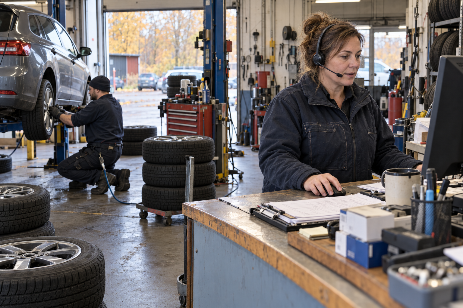 Medarbetare med headset vid kunddisken medan en kollega byter hjul i däckverkstaden.
