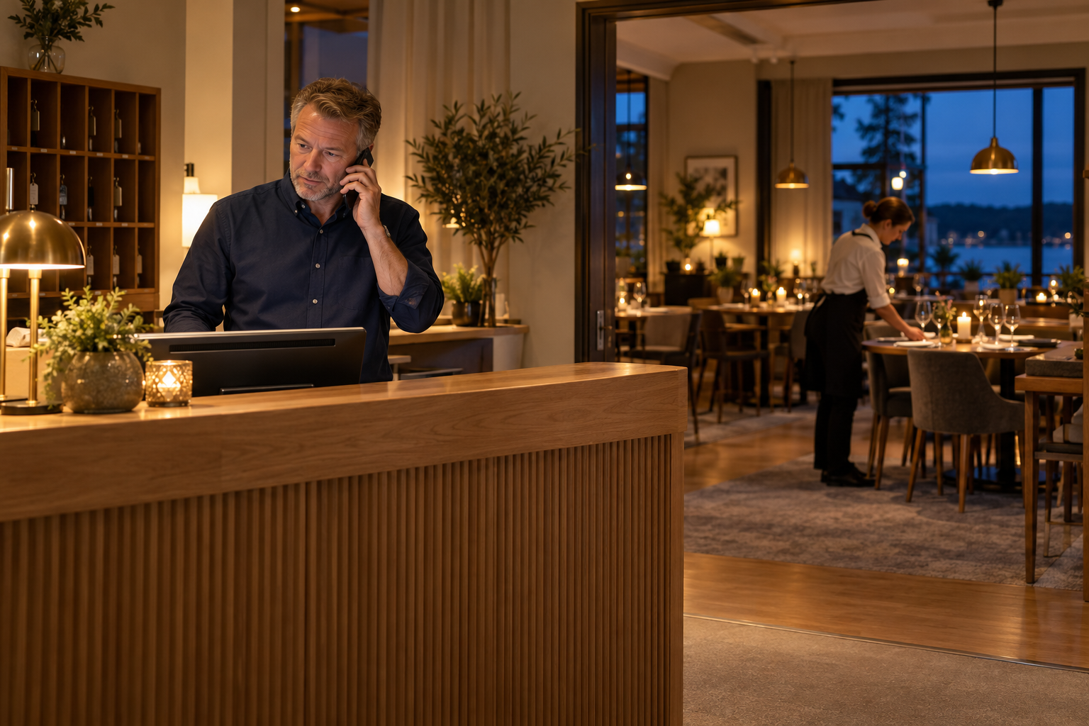 Hotellreceptionist svarar i telefon på kvällen medan en kollega gör i ordning restaurangen.
