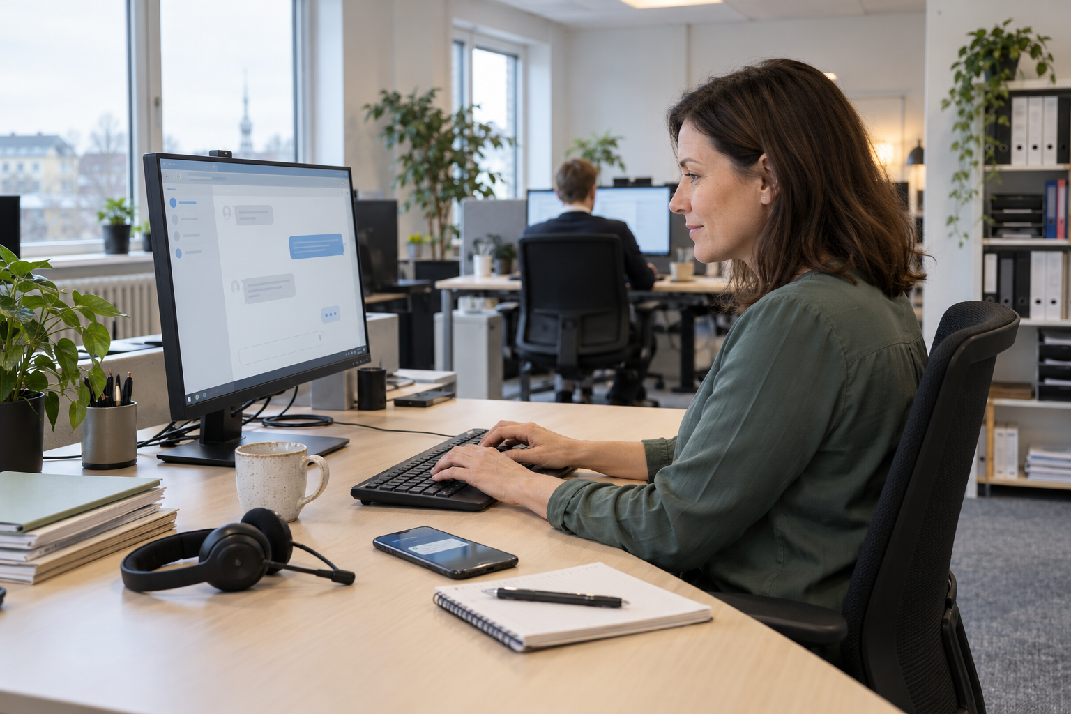 Medarbetare skriver vid datorn med chattfönster på skärmen och mobiltelefon på skrivbordet.