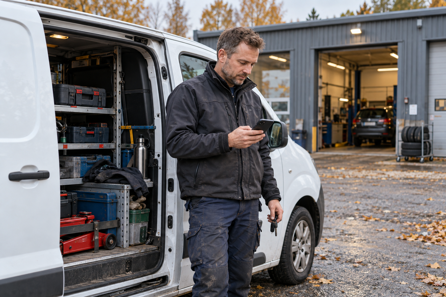 Mekaniker med mobil och nycklar bredvid en öppen servicebil utanför bilverkstaden.