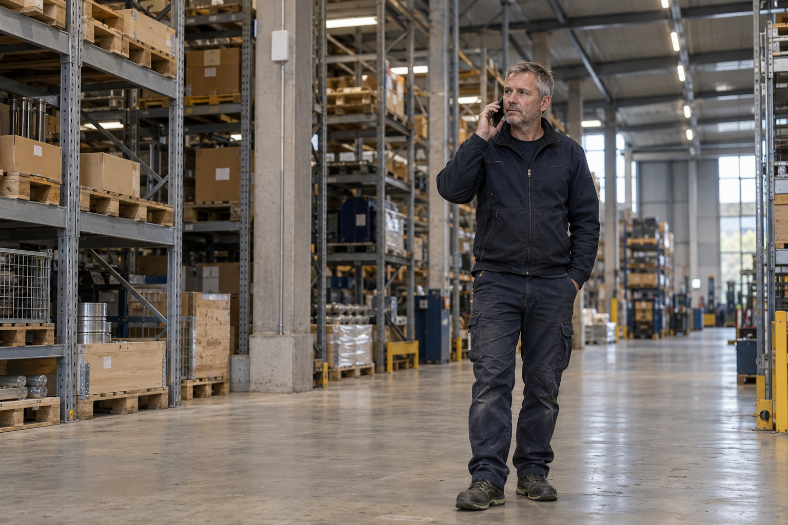 Medarbetare pratar i mobiltelefon inne i ett industrilager med höga lagerhyllor.