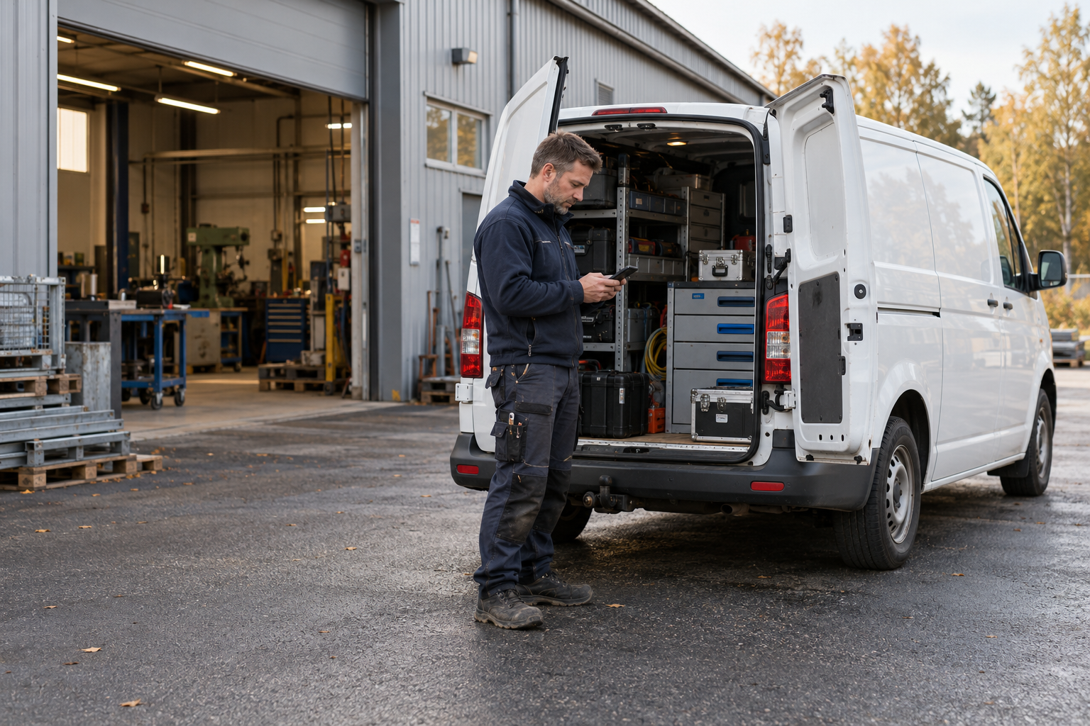 Servicetekniker använder mobilen vid en öppen servicebil utanför en industriverkstad.