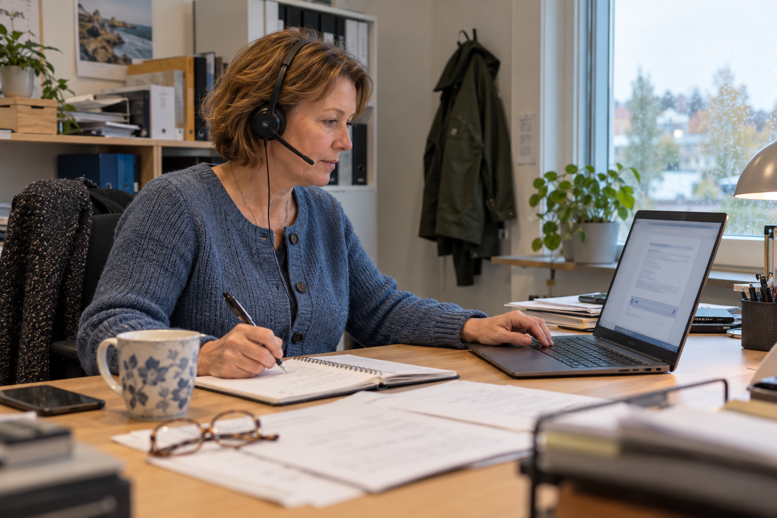 Säljare med headset går igenom ett kundsamtal på datorn och antecknar.