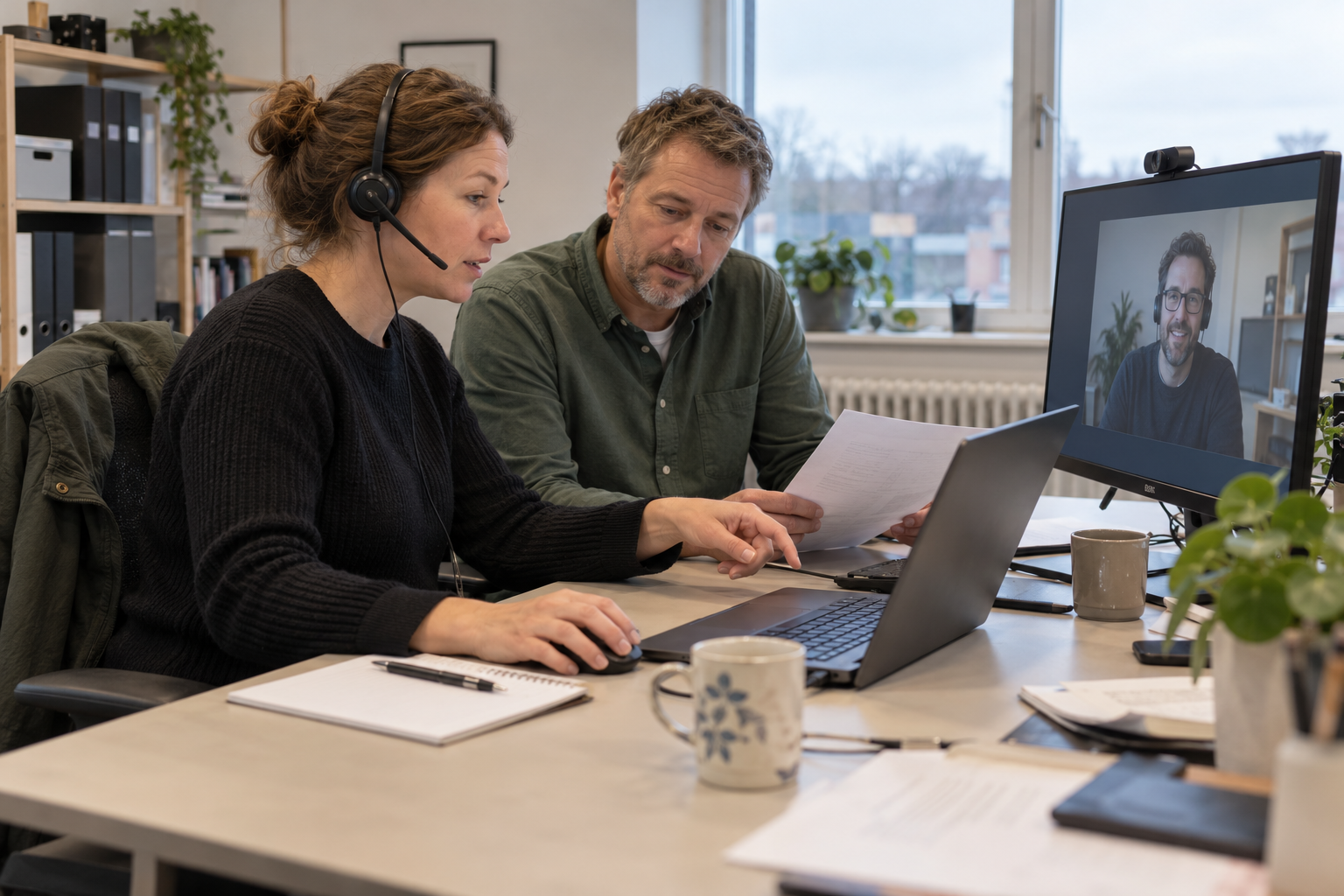 Två kollegor arbetar tillsammans vid datorn medan en tredje deltar via videomöte.
