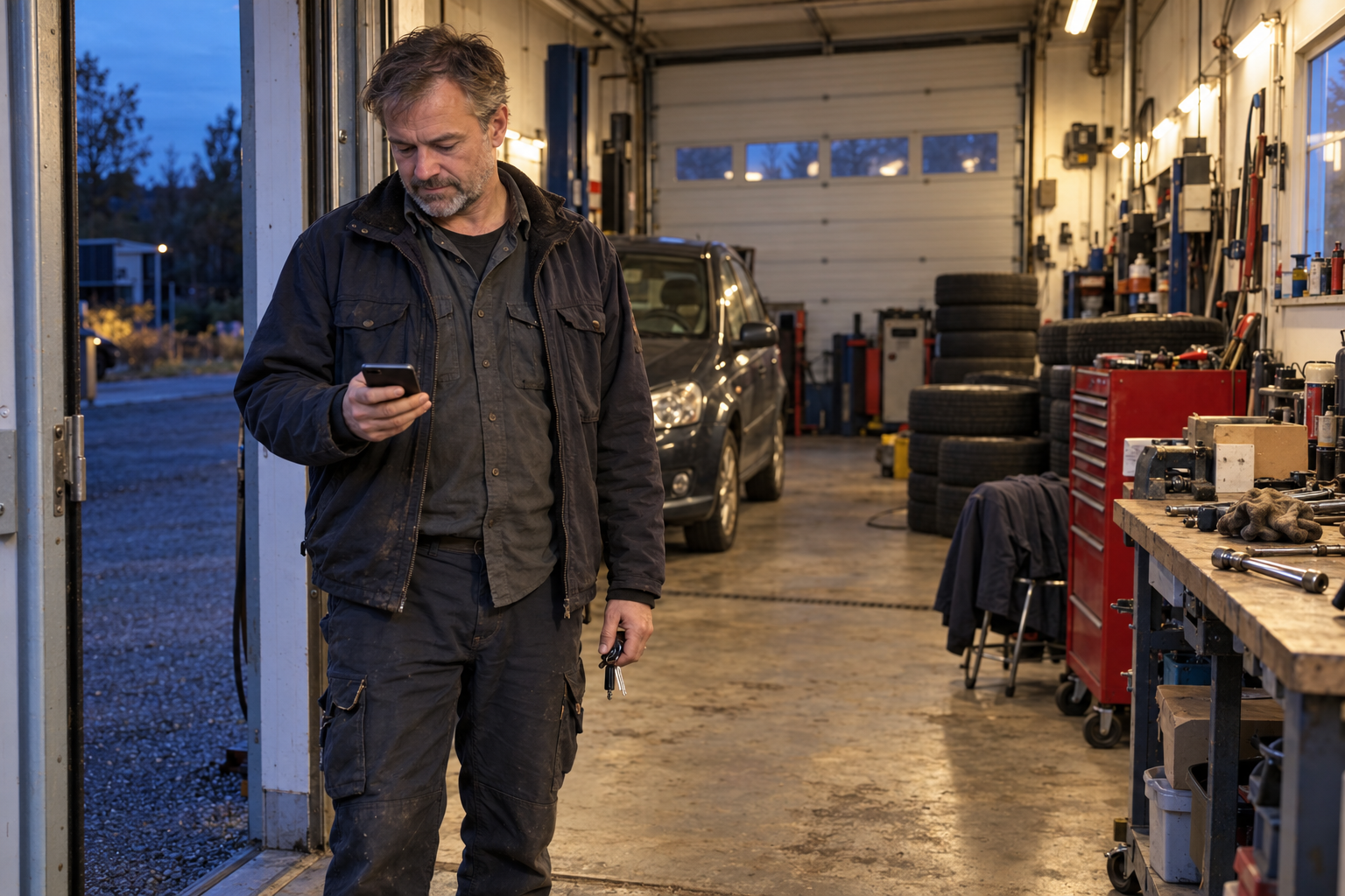 Verkstadsägare kontrollerar mobilen vid entrén med nycklarna i handen när arbetsdagen är slut.