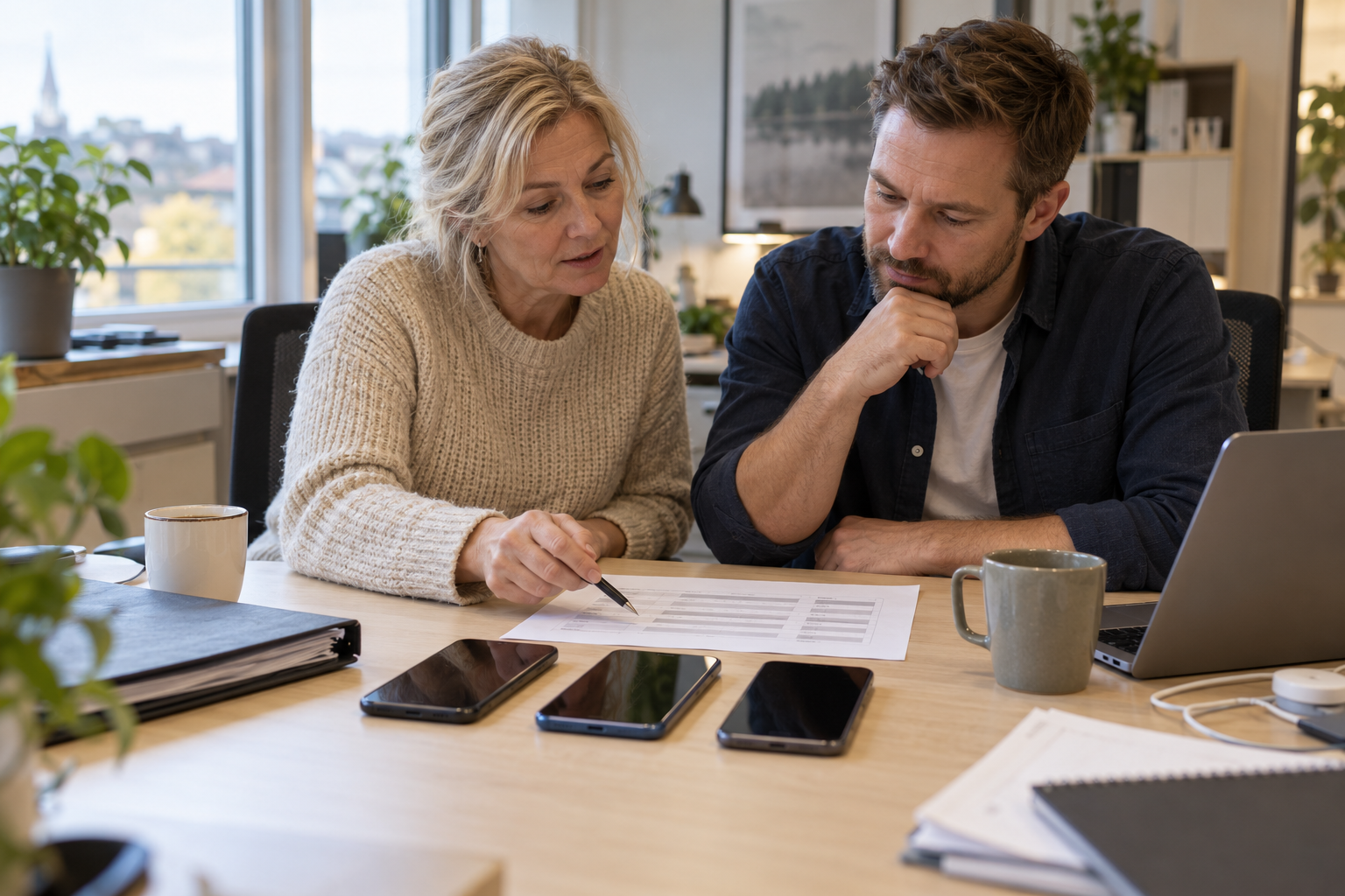 Två kollegor går igenom en planering med tre mobiltelefoner på bordet.