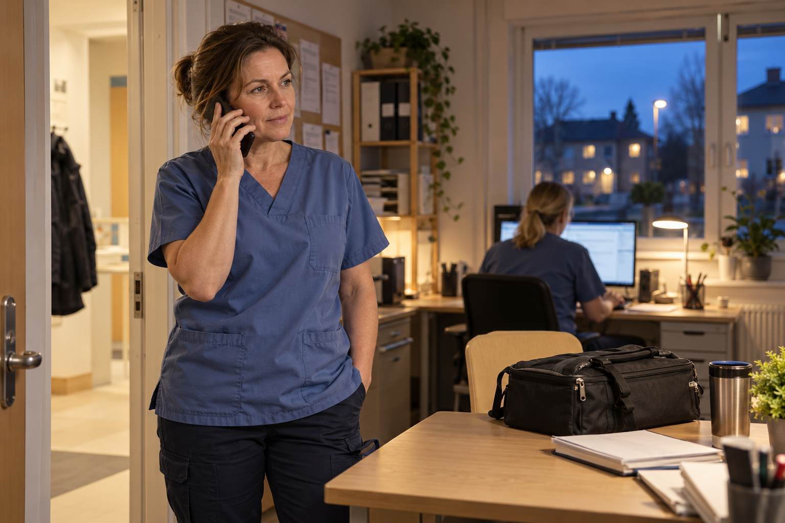 Medarbetare inom hemsjukvården pratar i mobiltelefon på kontoret under kvällspasset.