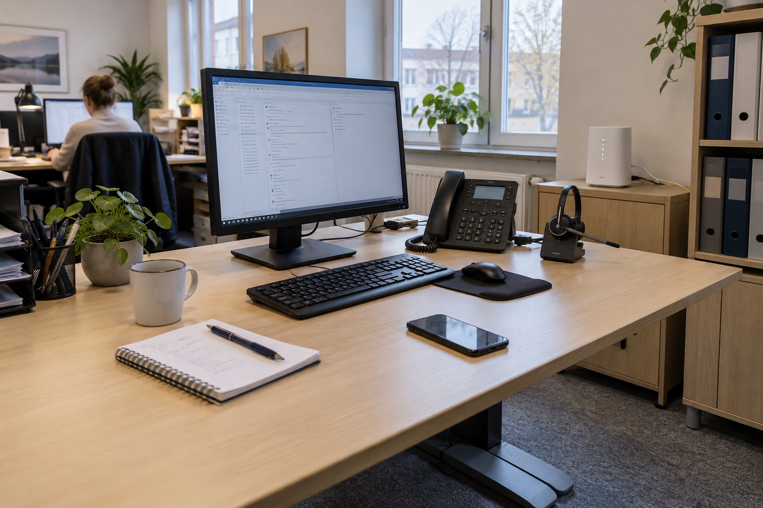 Kontorsarbetsplats med dator, bordstelefon, trådlöst headset, mobiltelefon och router.