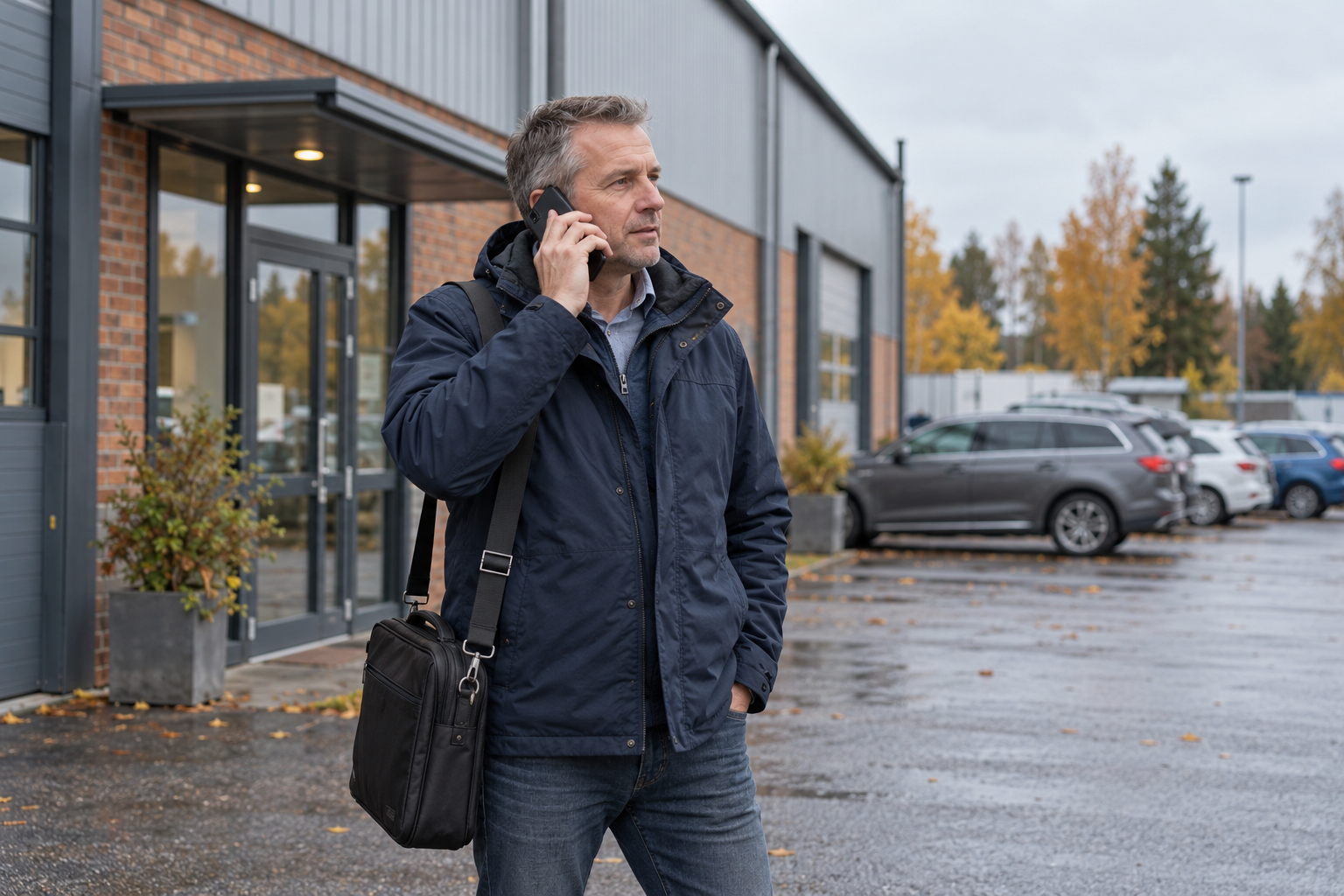 Säljare med datorväska pratar i mobilen utanför ett företag.