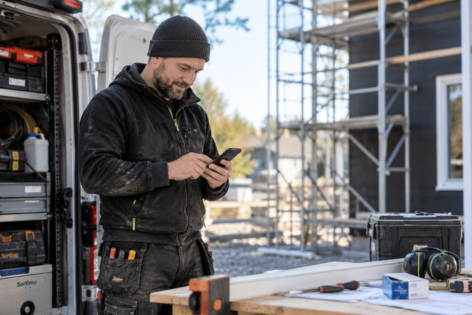 Hantverkare med smartphone och rätt uppkoppling på arbetsplatsen